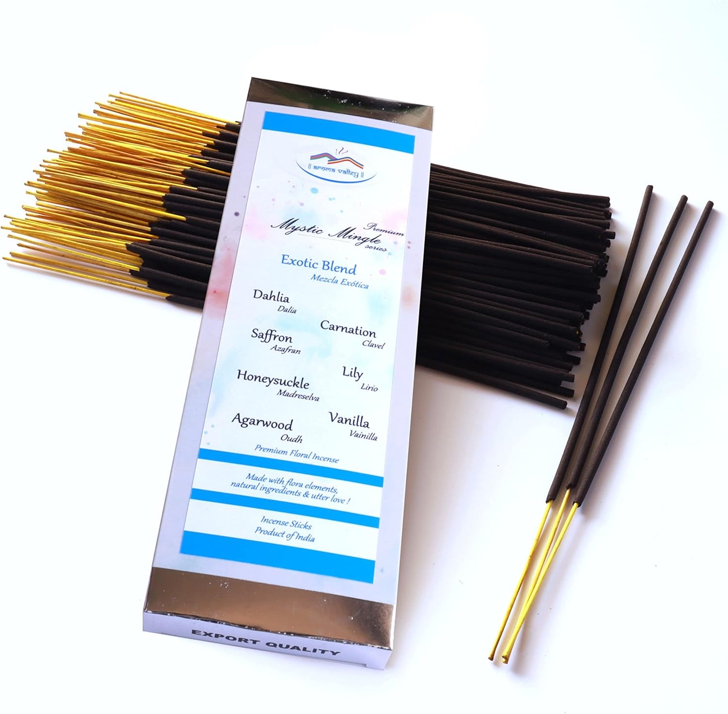 Exotic Blend Incense Sticks - Artisan Blend of Dahlia, Lily, Saffron, Carnation, Honeysuckle, Vanilla and Oud - Premium Quality Hand-Dipped Natural Incense - 75 Grams - 50+ Sticks