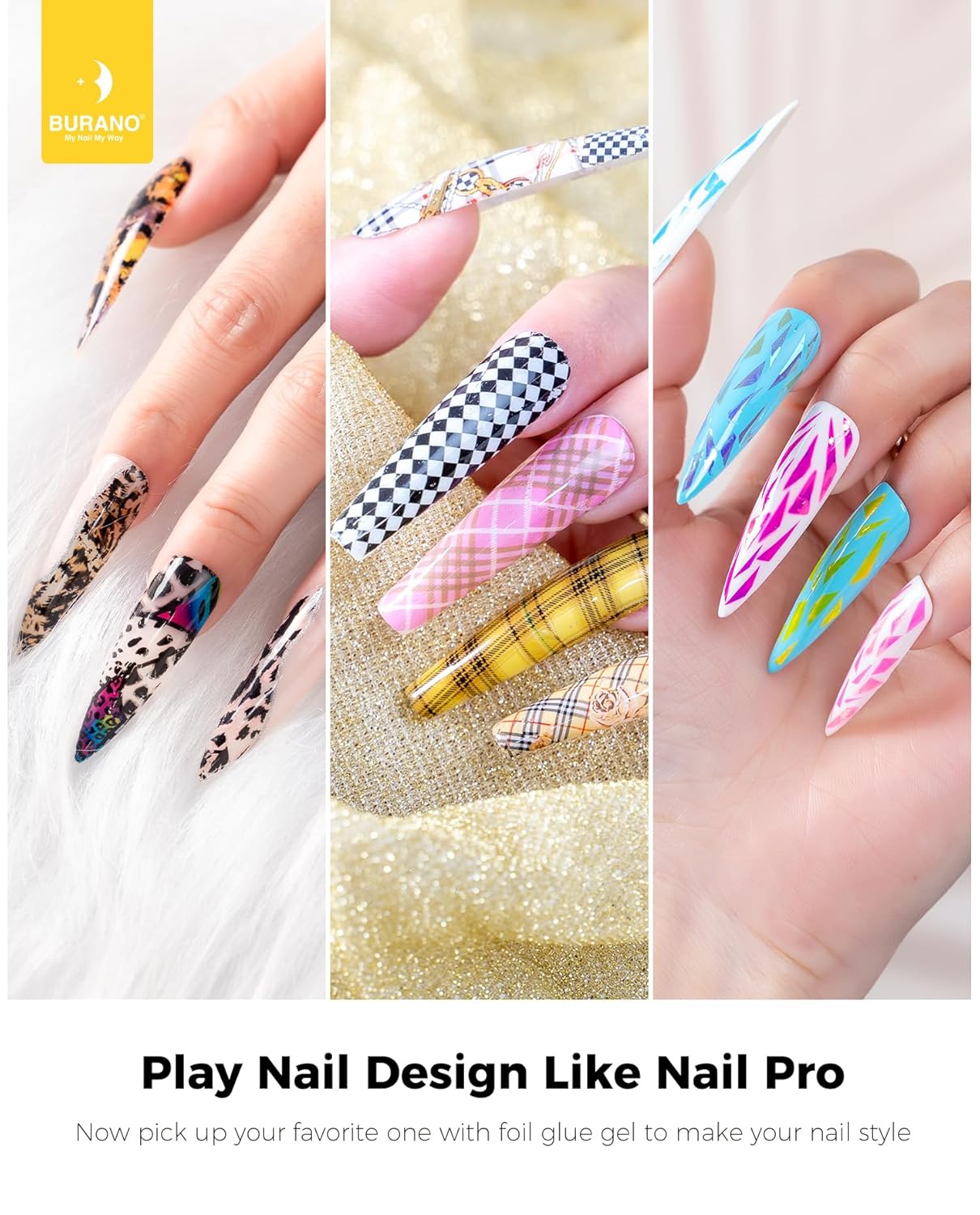 BURANO Nail Art Nail Foil Glue Gel, o.5 oz with 10PCS Foil Stickers Set Nail Foil Glue for Nails Foil Transfer Gel, Nail Design DIY UV LED Lamp Required (Nail Art) 16