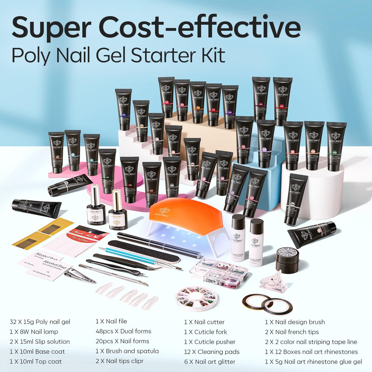 Modelones 133pcs Poly Nail Gel Kit, 32 Colors Spring Pink Pastel Poly Extension Gel kit with Nail Lamp Base Top Coat Slip Solution Builder Enhancement Manicure Tools for Starter Supplies