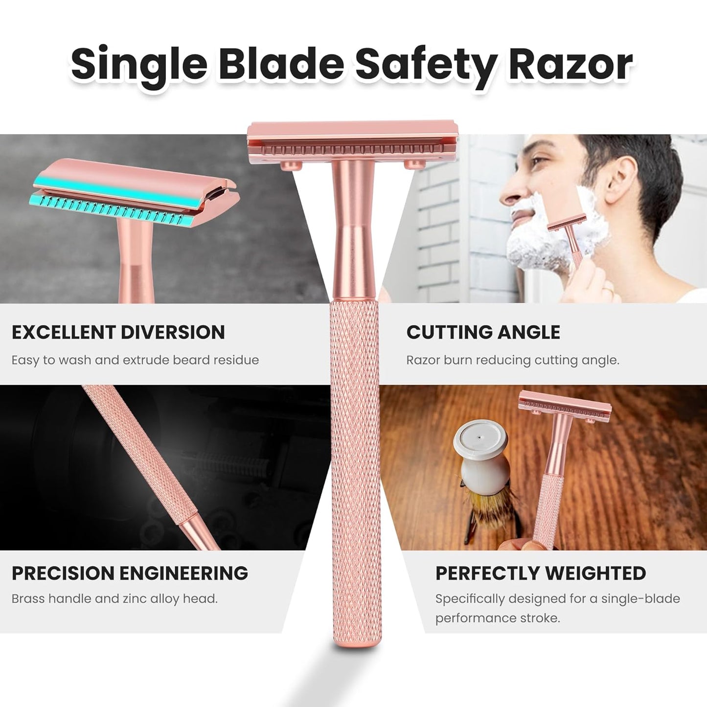 Single Blade Razor For Women With 10 Premium Stainless Steel Reusable Safety Razor Blade, Woman One Blade Razor, Rose Gold
