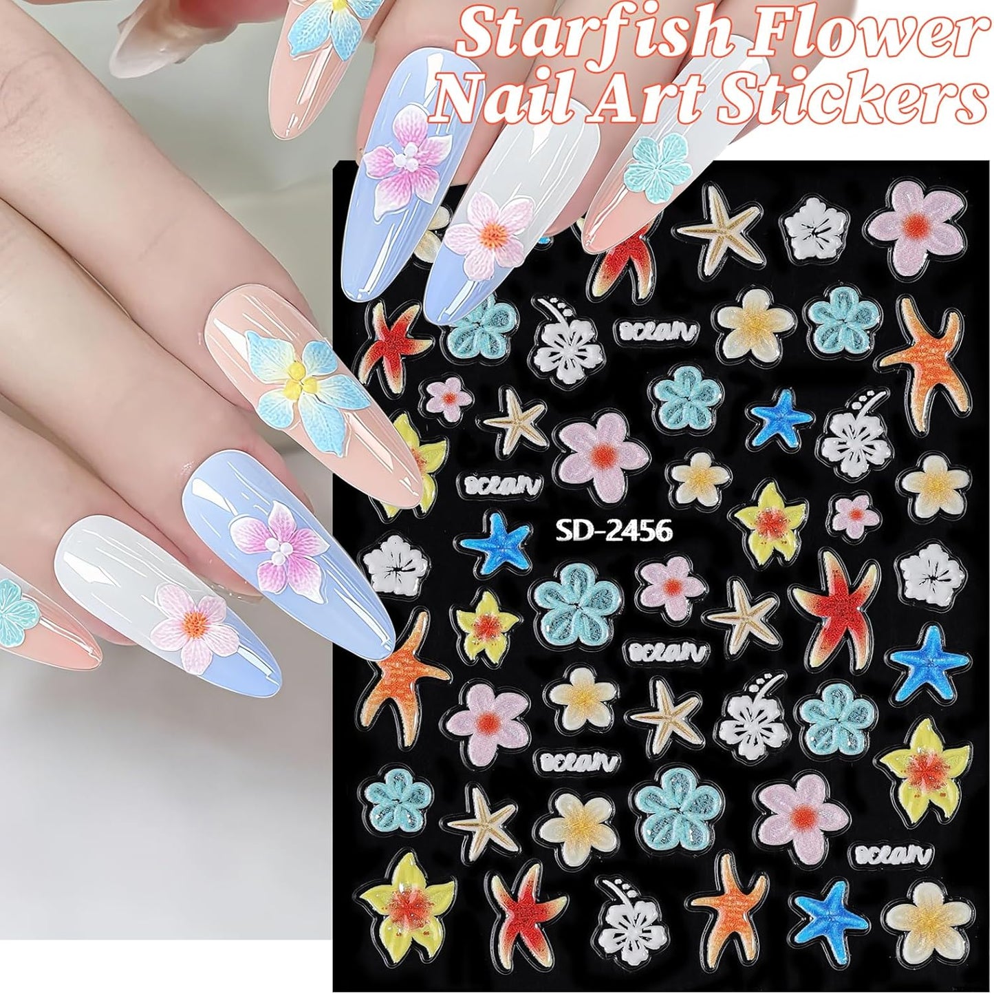 Hawaii Flower Nail Stickers 6 Sheets 5D Embossed Floral Nail Decals Pink Blue Hibiscus Nail Art Stickers for Women DIY Manicure Supplies Decorations