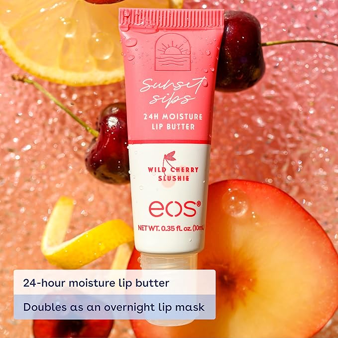 eos Sunset Sips Lip Butter Trio- Includes Pink Lemonade, Island Coconut & Wild Cherry Slushie Flavors, 24-Hour Moisture, Doubles as an Overnight Lip Mask, 3-Pack