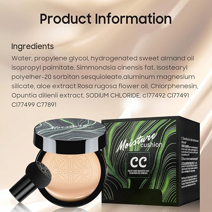 Air Cushion CC Cream Foundation - Mushroom Head BB Creams, Long Lasting Concealing Brightening, Moisturizer Face Cream,Facial Skin Care Makeup For All Skin Types (Nude)