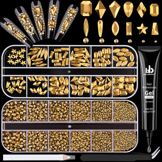 3220Pcs Mineral Gold Glass Nail Rhinestones 120Pcs Multi Shapes Flatback Nail Gems + 3100Pcs 1.5-4mm Round Crystal with Rhinestones Glue Gel, Manicure Nail Charms Diamond Gemstone for Nail Art