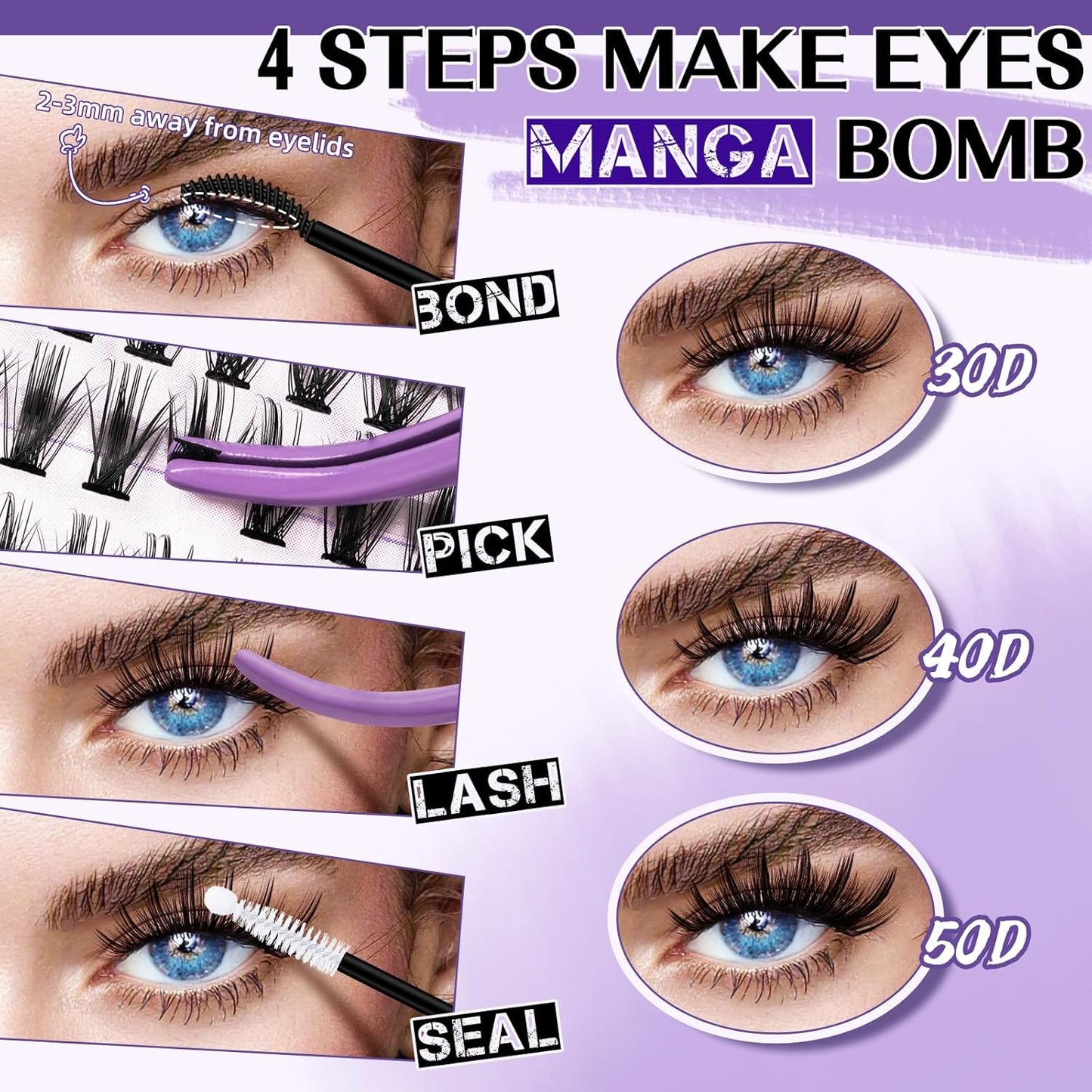 B&Qaugen Lash Extension Kit for Beginners Eyelash Extension Kit Manga Lash Clusters Set 280 PCS Individual Eyelashes Set Volume 30D Soft D Curl Eye Extension Eyelashes(Manga-30D-D-9-16MIX)