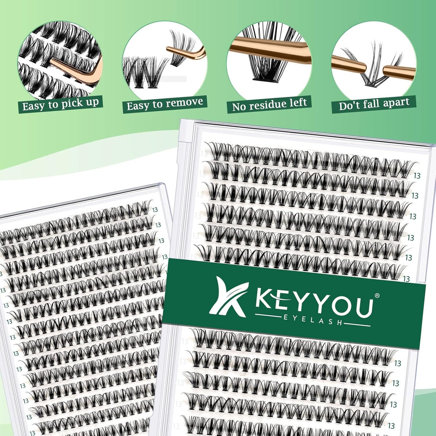 Lash Clusters 300pcs Individual Lashes 30D 0.07D Curl 13mm DIY Eyelash Extension KEYYOU Large Tray Volume Soft&Natural Cluster Lashes(30D-0.07D,13）