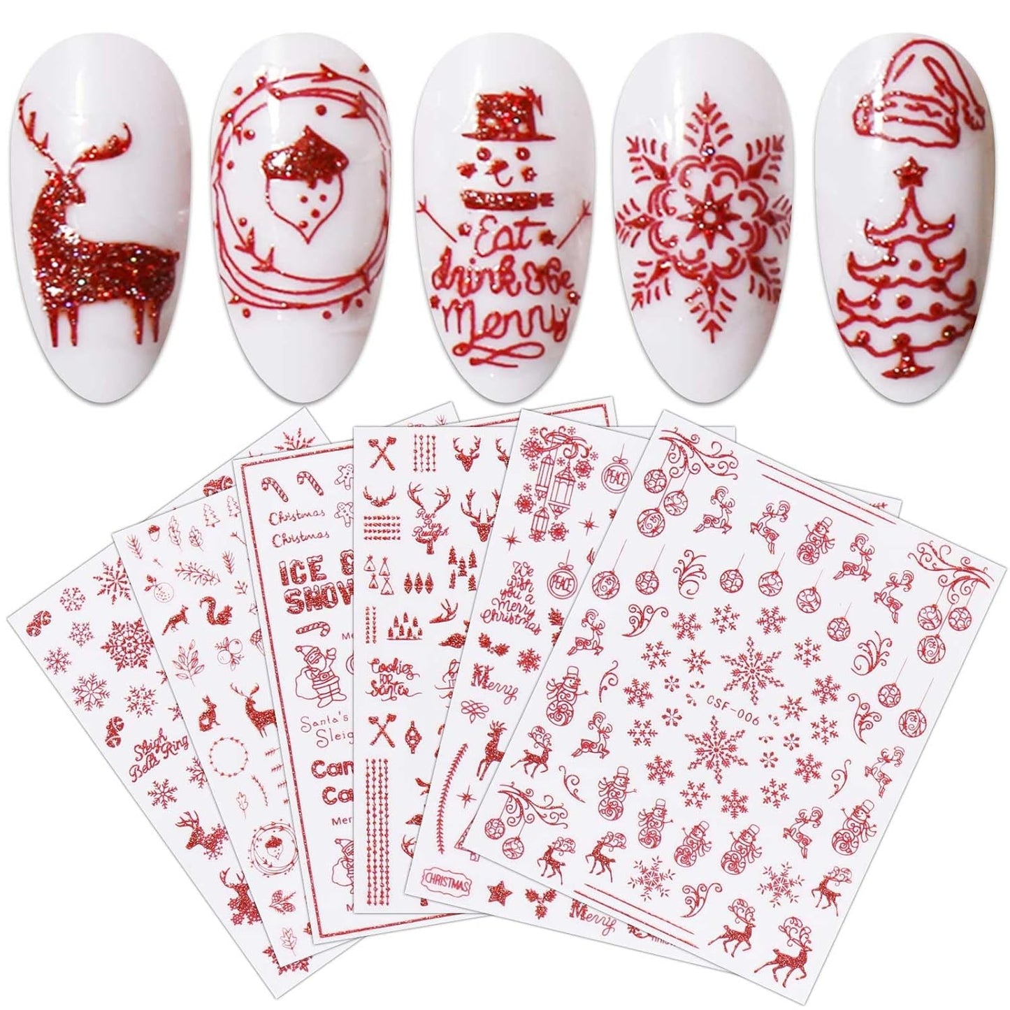 JMEOWIO 9 Sheets Christmas Glitter Nail Art Stickers Decals Self-Adhesive Red Nail Supplies Nail Art Design Decoration Accessories