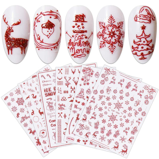 JMEOWIO 9 Sheets Christmas Glitter Nail Art Stickers Decals Self-Adhesive Red Nail Supplies Nail Art Design Decoration Accessories