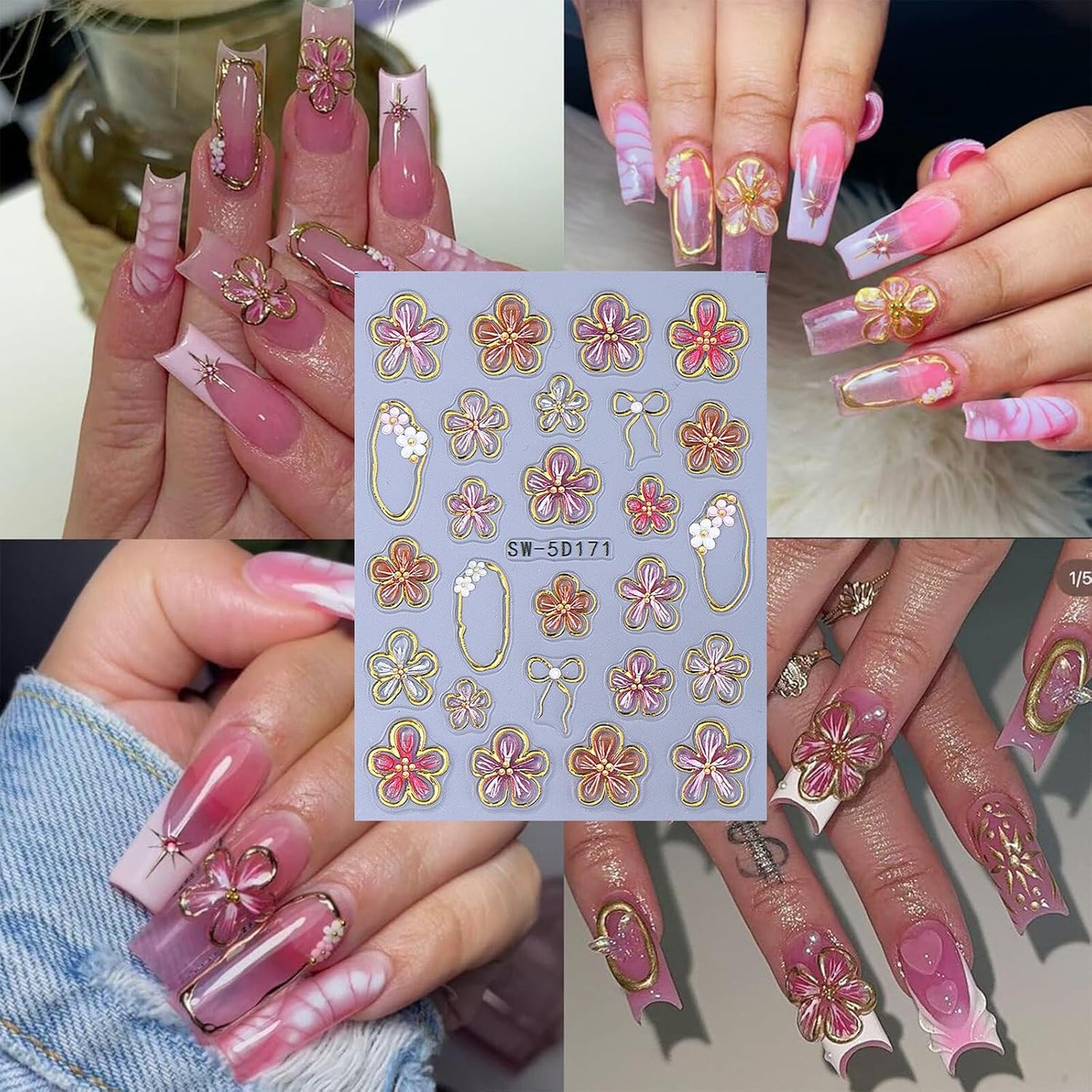 Flower Nail Stickers Decals 5D Embossed Flower Nail Decals Pink Five-Petaled Gold Floral Circle Spring Summer Nail Art Design Bow Tie Flowers Nail Adhesive Decals for DIY Nail Art Decorations 2Pcs