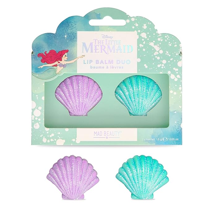 MAD BEAUTY Disney The Little Mermaid Lip Balm Duo 2-Pack, Cute Shell-Shaped Pots, Strawberry & Blueberry, Moisturize & Hydrate for Soft Fresh Lips, Great Gift, Adorable