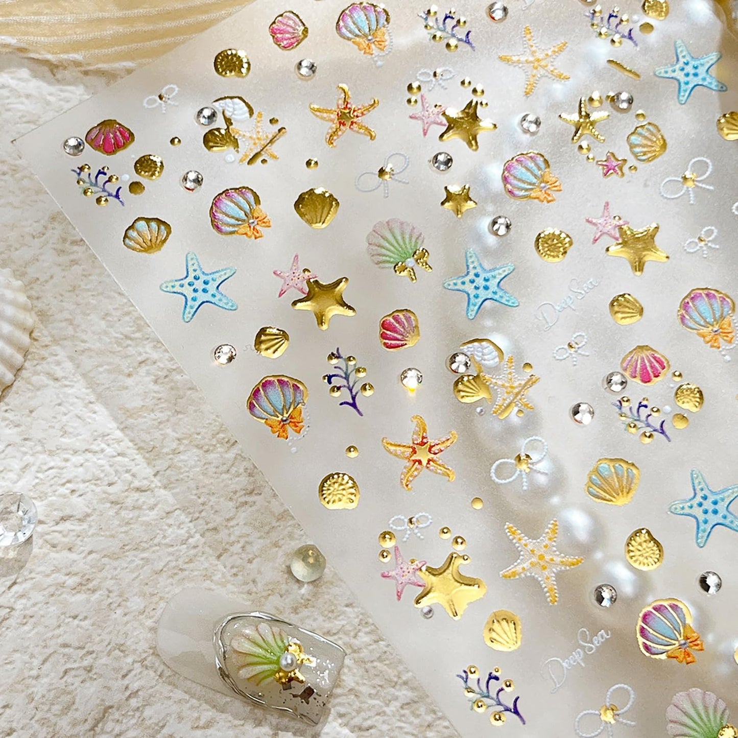 1 Sheets Summer Beach Nail Decals for Nail Art Gold Seashell Starfish Nail Stickers with Diamond Designs Coral Conch Bow Nail Art Stickers 5D Self-Adhesive Ocean Nail Design Supplies for Women