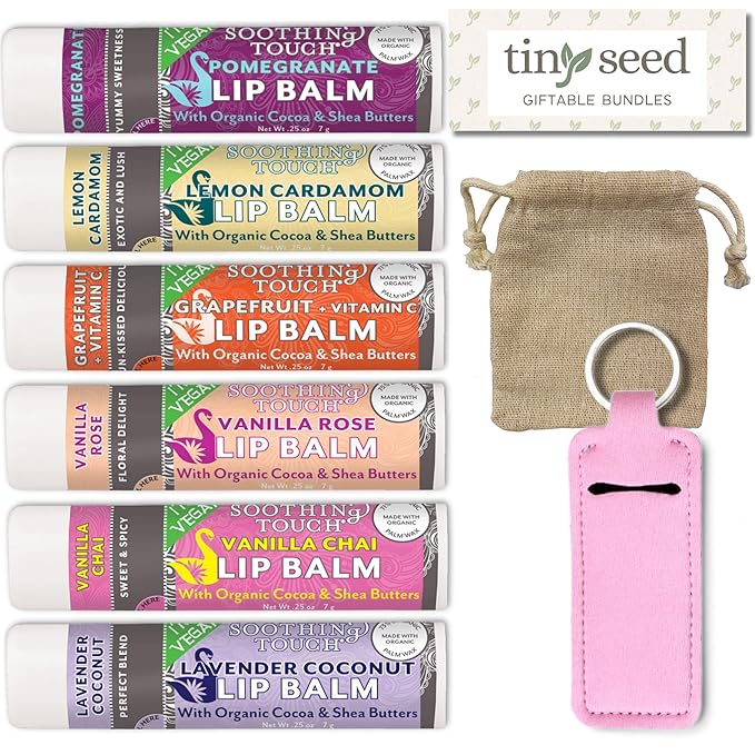 Vegan Lip Balm Set - Pack of 6 Soothing Touch Lip Balms. Includes Muslin Pouch & Lip Balm Holder Keychain (Pink): Pomegranate, Lemon Cardamom, Grapefruit, Vanilla Rose, Vanilla Chai, Lavender Coconut
