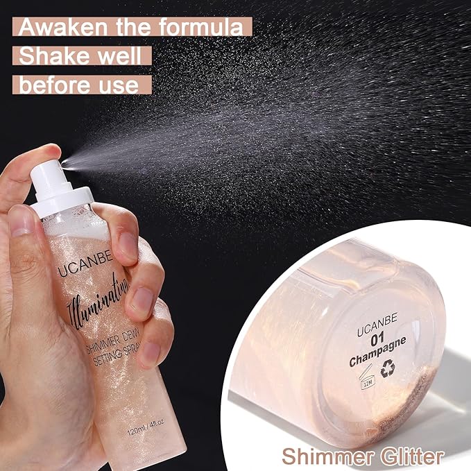 UCANBE Shimmer Dewy Setting Spray – Glowing + Makeup Setting Spray 2 in 1 Lightweight Formula for a Radiant Glow,Long-Lasting Face Mist for Face Body, 4 Fl Oz #Platinum