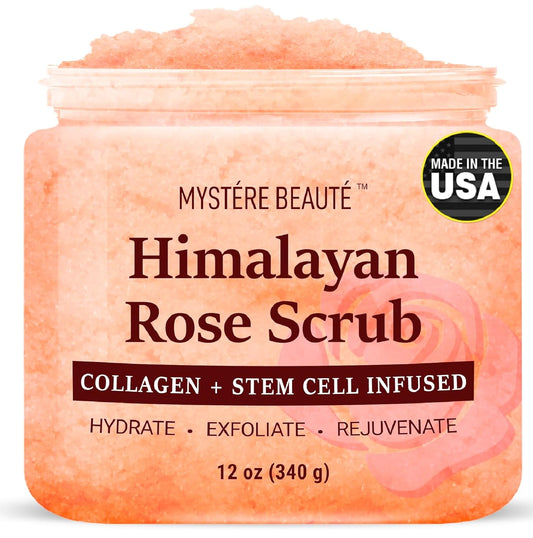 Himalayan Salt Body Scrub 12 oz - with Collagen and Stem Cells - Exfoliating Salt Scrub for Cellulite - Deep Cleansing for Acne, Scars, Wrinkles - Moisturizes Skin
