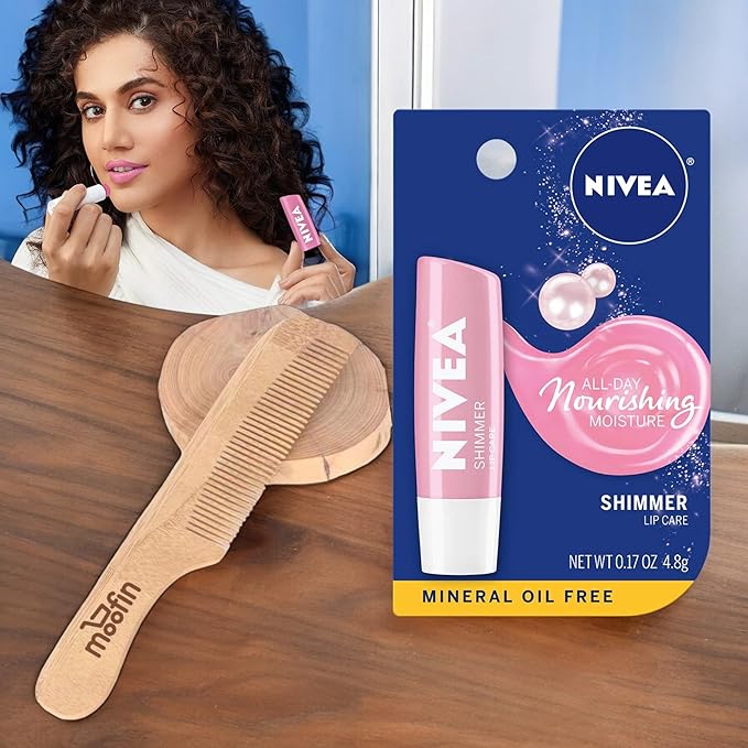 Nivea Lip Balm Shimmer Lip Care, 0.17 Oz Stick For Soft, Radiant Lips, Long-Lasting Hydration With Pearly Shimmer, Mineral Oil-Free, Lip Balm Hydrating - Bundles With Wooden Comb, [Pack Of 5]