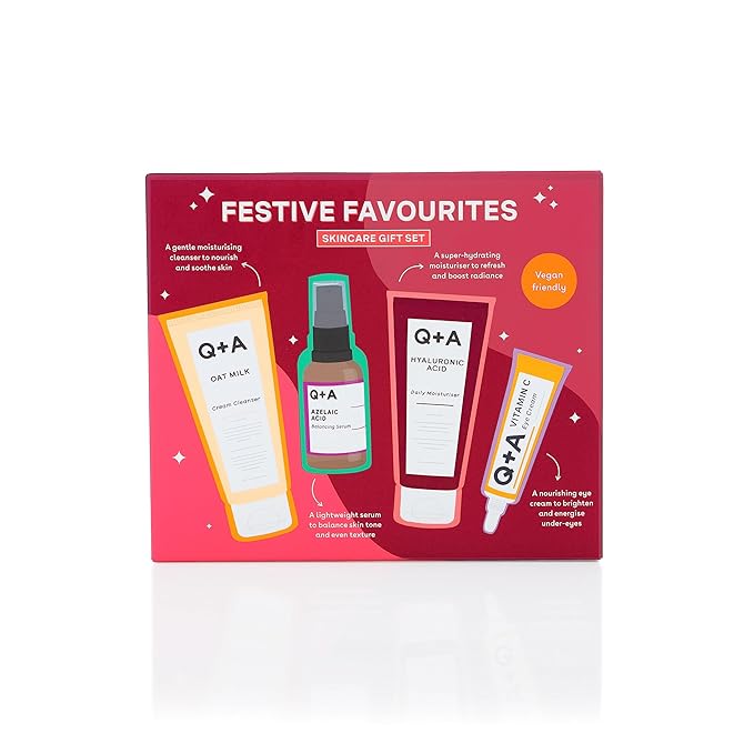 Q+A Festive Favourites Gift Set, containing a Hyaluronic Acid Moisturiser (75ml), an Oat Milk Cream Cleanser (75ml), an Azelaic Acid Serum (30ml), and a Caffeine Eye Serum (15ml)