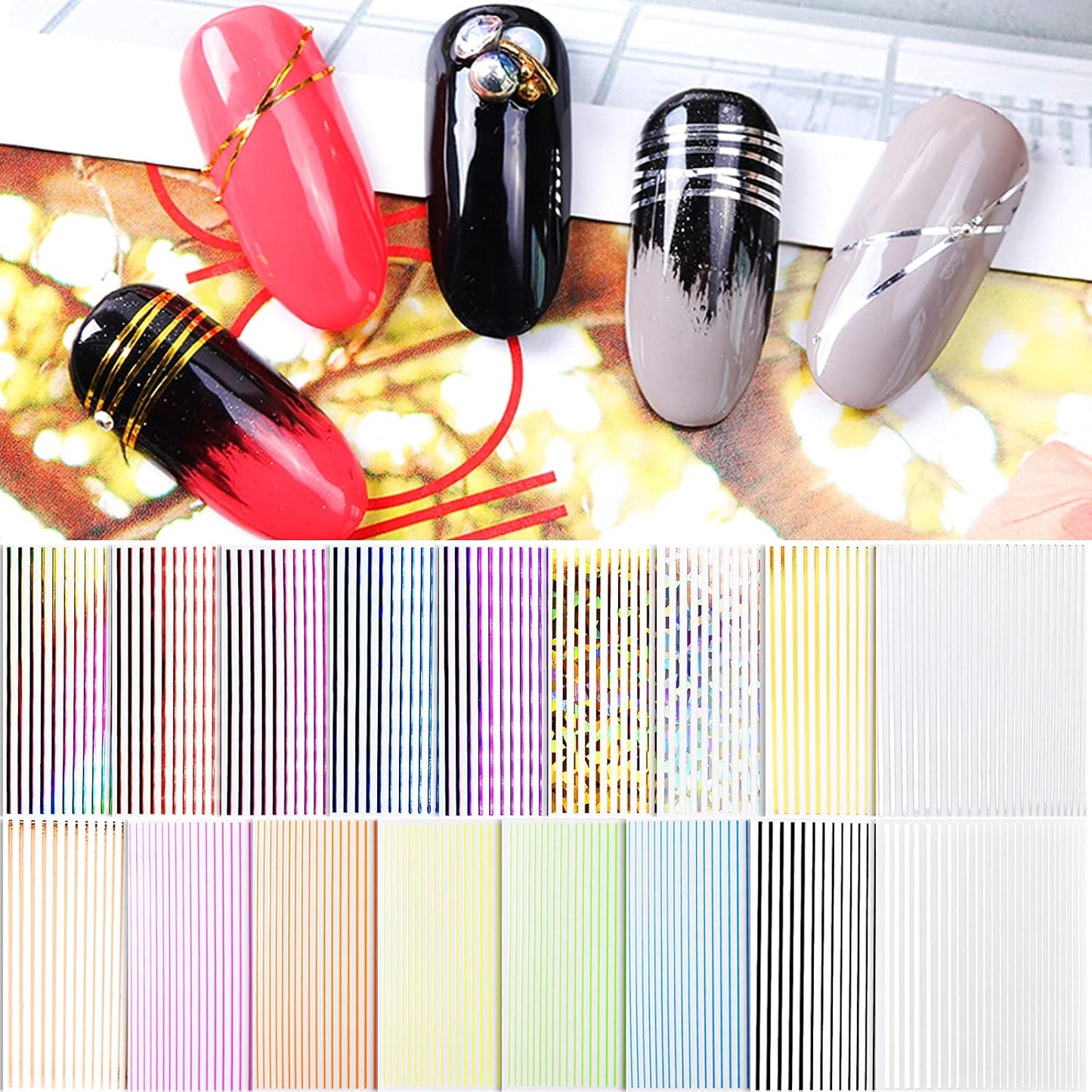 EBANKU 17 Sheets Strip Line Nails Stickers, 3D Fluorescent Laser Gold Adhesive Striping Tape Nail Decals for Women Girls Nail Art Design Deacoration