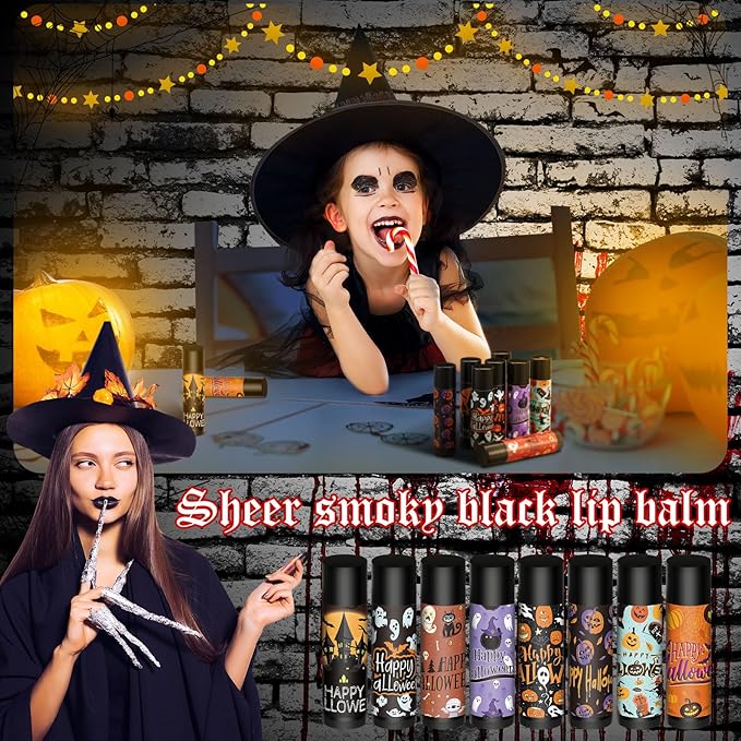 48 Pcs Halloween Spooky Lip Balm Gifts Bulk Black Lip Moisturizers Makeup Lipstick Ghost Spiderweb Skull Bat, Honey Flavor for Halloween Party Treat Bag Stuffers Women Men Adults