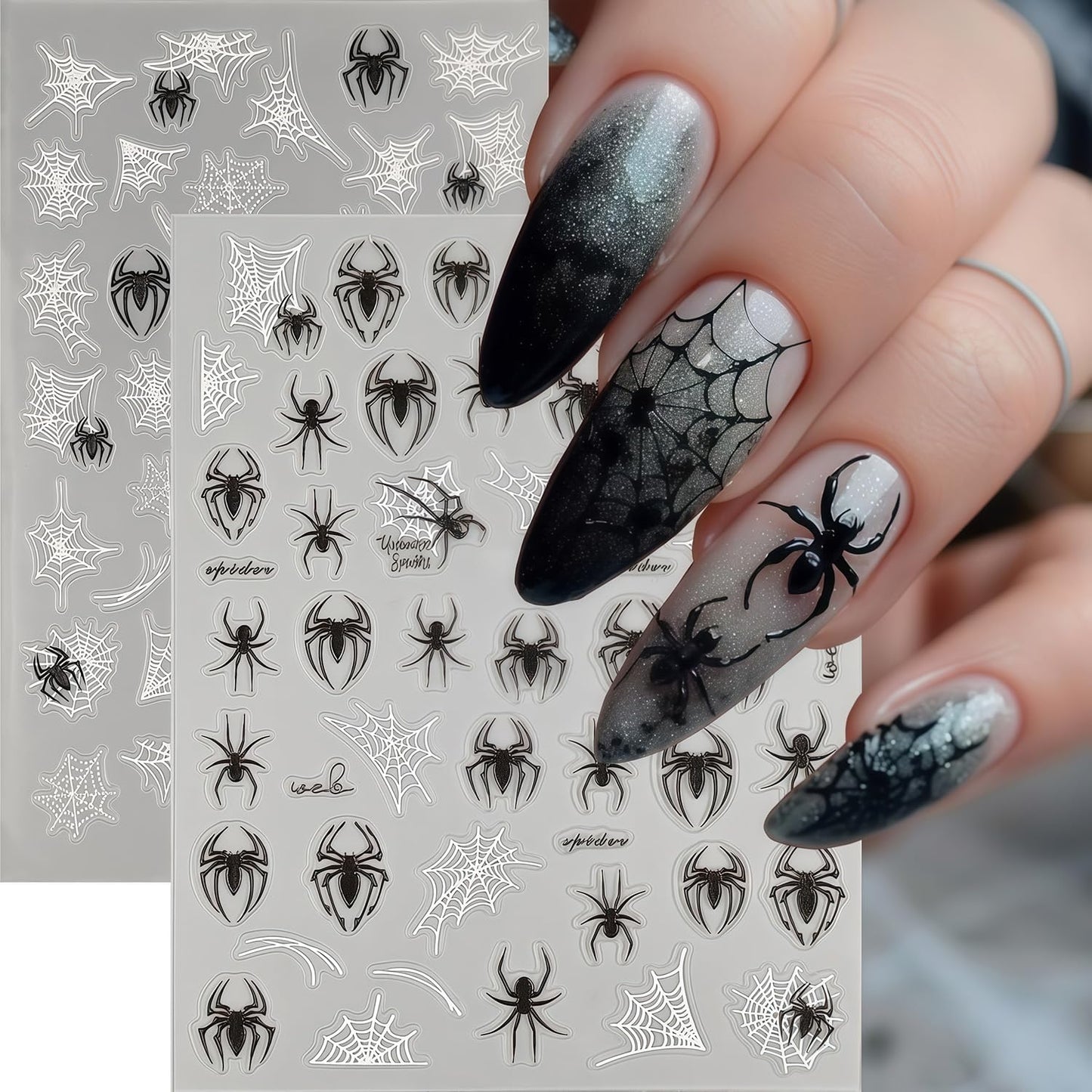 Halloween Spider for Nails Stickers Holiday Nail Decals 3D Self-Adhesive Black and White Spider Web Stickers Halloween Nail Art Sticker for Women Girls DIY Manicure Nails Accessories