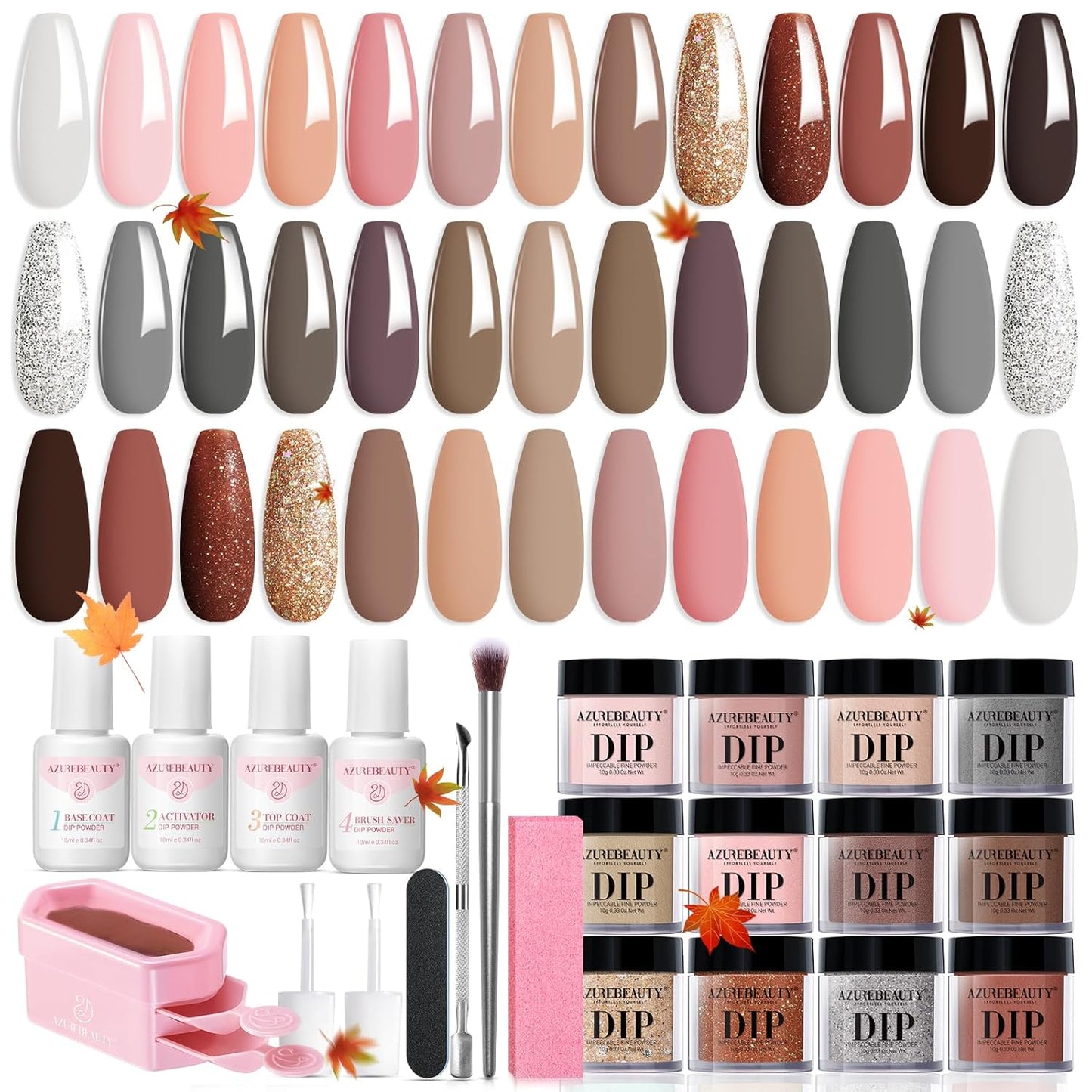 AZUREBEAUTY Dip Powder Nail Kit Classic Brown Nude Collection Glitter Fall 20 Colors Neutral Chocolate Skin Tone Dip Liquid Set with Base/Top Coat Activator French Art Manicure Salon Home