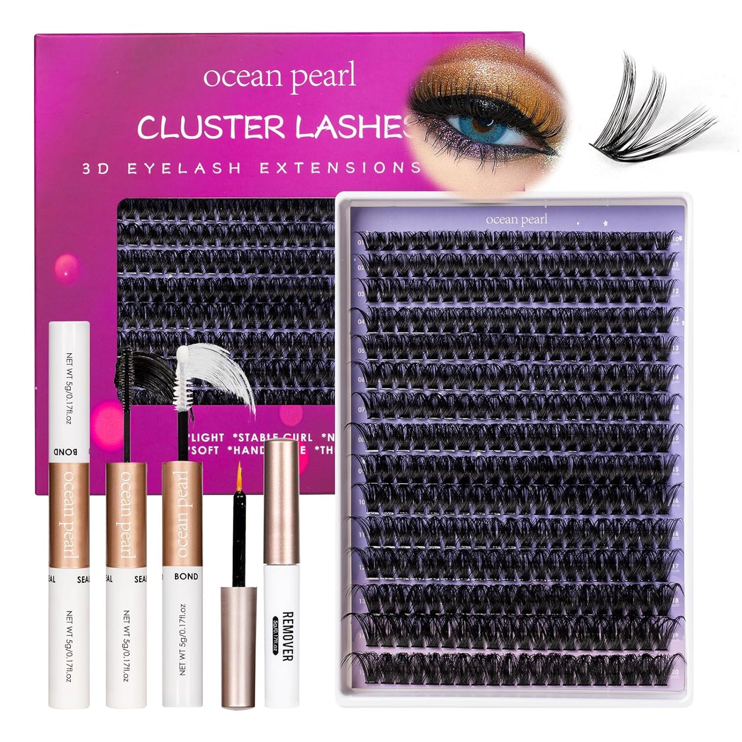 Ocean Pearl Lash Clusters 10-20mm Thick 300D Volume Eyelashes Clusters Lashes 300PCS Lash Extension Kit Eyelash Extension Kit Individual Lashes DIY Lash with Lash Bond+Seal+Remover+Tweezer-300D