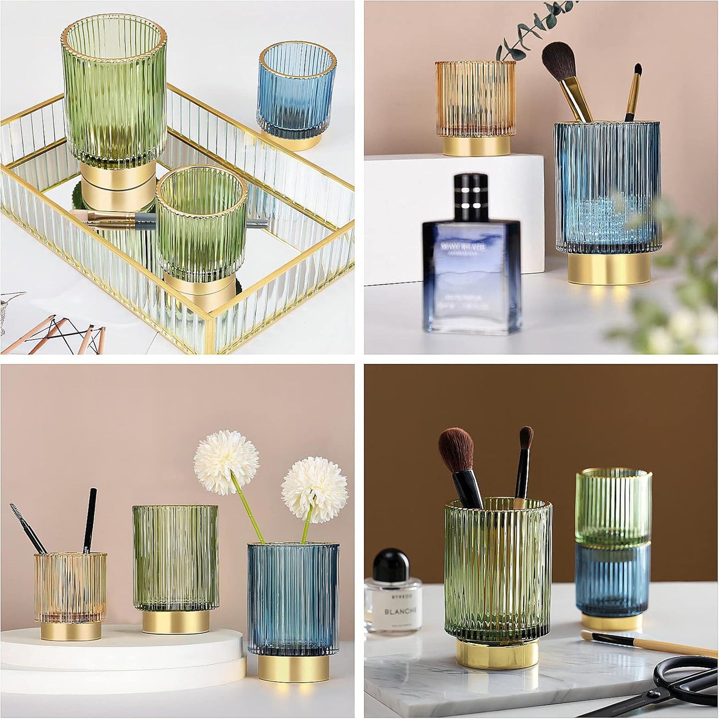 DASITON Makeup Brush holder Organizer,Crystal Cosmetic Makeup Brush Glass Brushes Storage Holder, Vintage Make Up Brush Cup Pen Pencil Holder striped vase(Coffee S＋L)