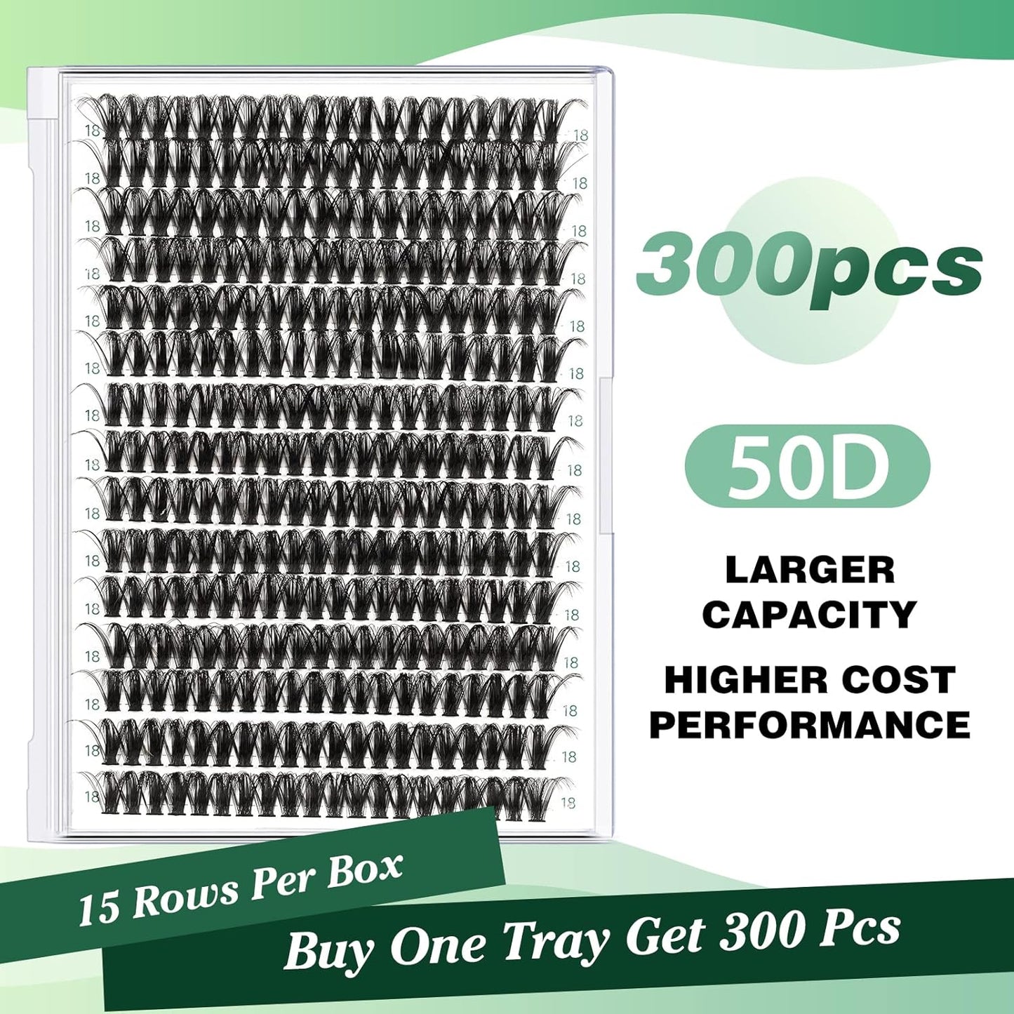 Lash Clusters 300pcs Individual Lashes 50D 0.07D Curl 18mm DIY Eyelash Extension KEYYOU Large Tray Volume Soft&Natural Cluster Lashes(50D-0.07D,18）