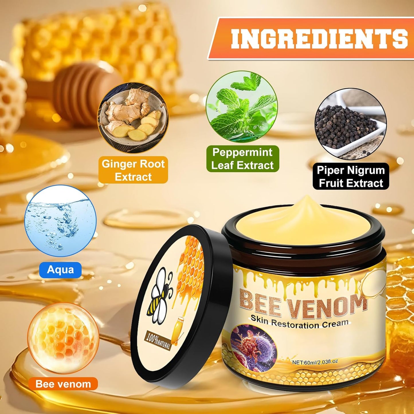 2PCS Bee Venom Skin Restoration Cream, Bee Venom Treatment Cream, Skin Treatment for Firming, Wrinkle Reduction & Moisturizing, Suitable for All Skin Types