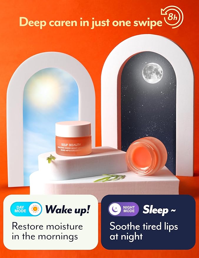 SelfBeauty Lip Mask - Rosehip & Collagen, Vegan Lip Balm, Lip Moisturizer, Overnight Hydrating Lip Treatment with Collagen Peptide, Lip Scrub Exfoliator Intensive Lip Repair, 0.51fl.oz