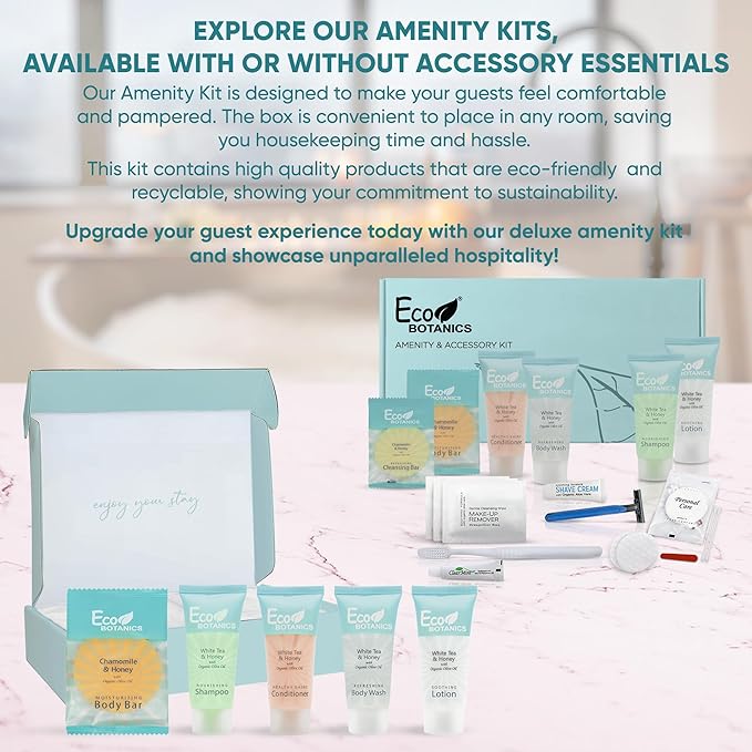 Eco Botanics Amenity & Accessory Kit | 0.85 oz Travel Size Shampoo, Conditioner, Lotion, Body Wash, Body Bar, Cleansing Bar, Shave & Dental Sets, Make-Up Remover Wipes, & Vanity Kit | 1 set per case