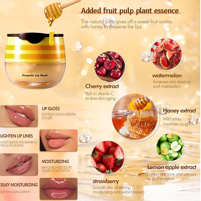 4Pcs Honey Lip Balm Honey Pot Strawberry & Propolis Balm Honey Lip Mask Hydrate Moisturizing Repair Prevent Lip Care Moisturizing Lip Balm Set