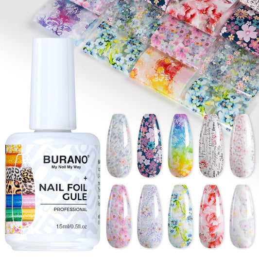 BURANO Nail Art Nail Foil Glue Gel, o.5 oz with 10PCS Foil Stickers Set Nail Foil Glue for Nails Foil Transfer Gel, Nail Design DIY UV LED Lamp Required (Flower Foil 11)