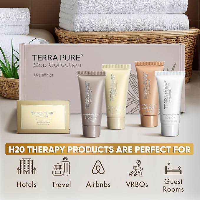 Terra Pure Spa Collection Amenity Kit | Hotel Toiletries | Bulk Set 0.85 oz Travel Size Shampoo,Conditioner, Lotion, Body Wash & Massage Bar for Guest Hospitality AirBnB/Vacation Rentals |1 set/ case