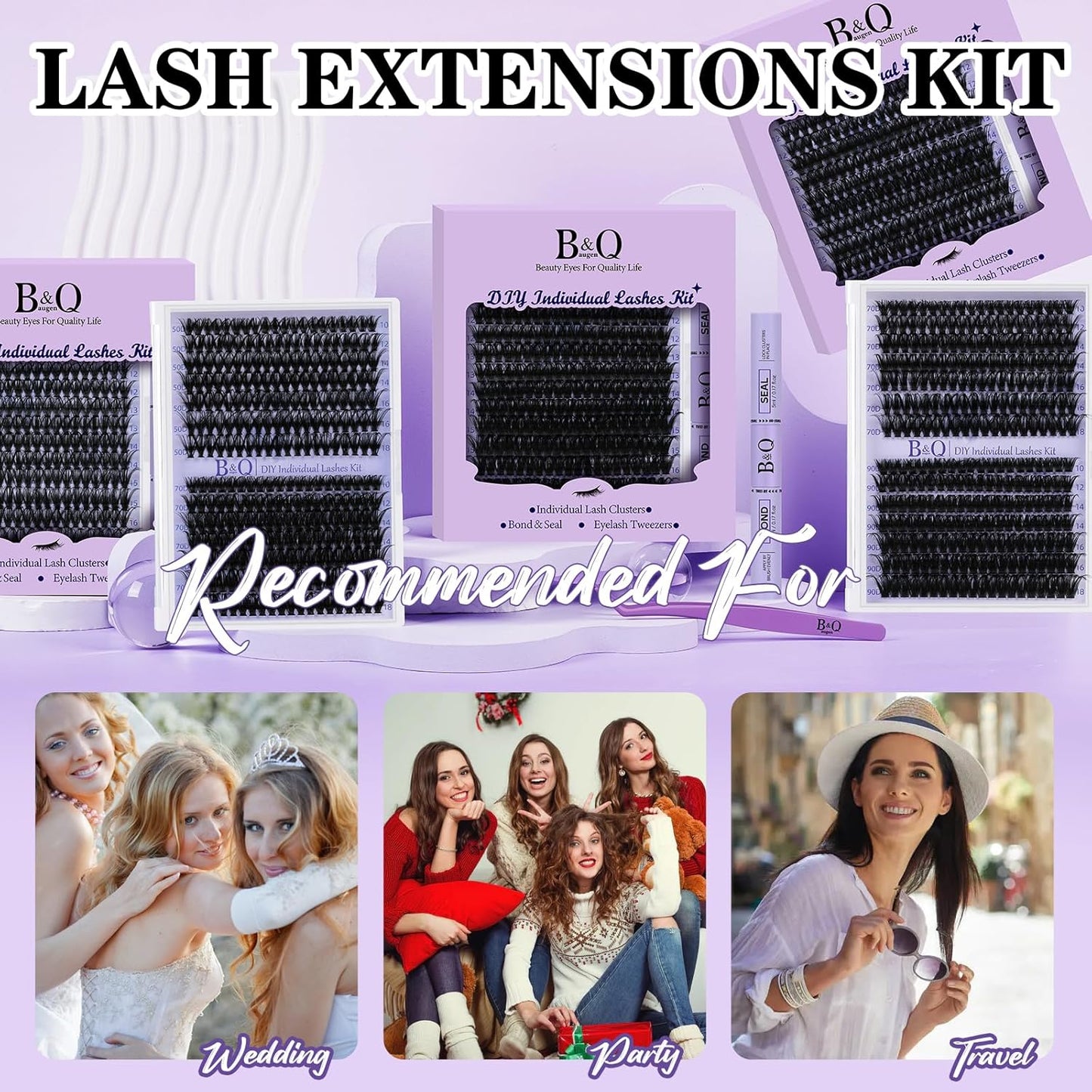 B&Qaugen Lash Extension Kit 280Pcs Volume Individual Lashes Kit Superfine Individual Eyelashes 10-18mm Soft D Curl Eyelash Clusters Kit with Bond and Seal Tweezers for Self Use （Kit，70D-10-18MIX）