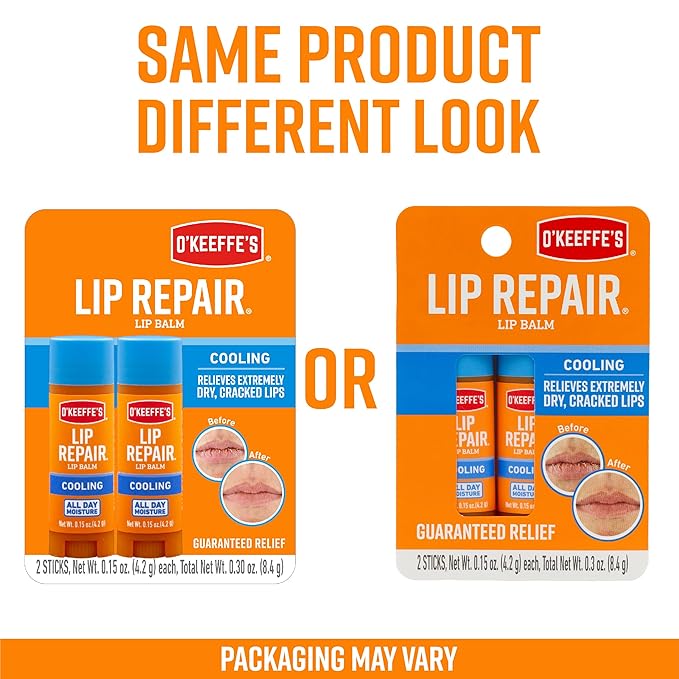 O'Keeffe's Cooling Relief Lip Repair Lip Balm for Dry, Cracked Lips, Stick, Twin Pack