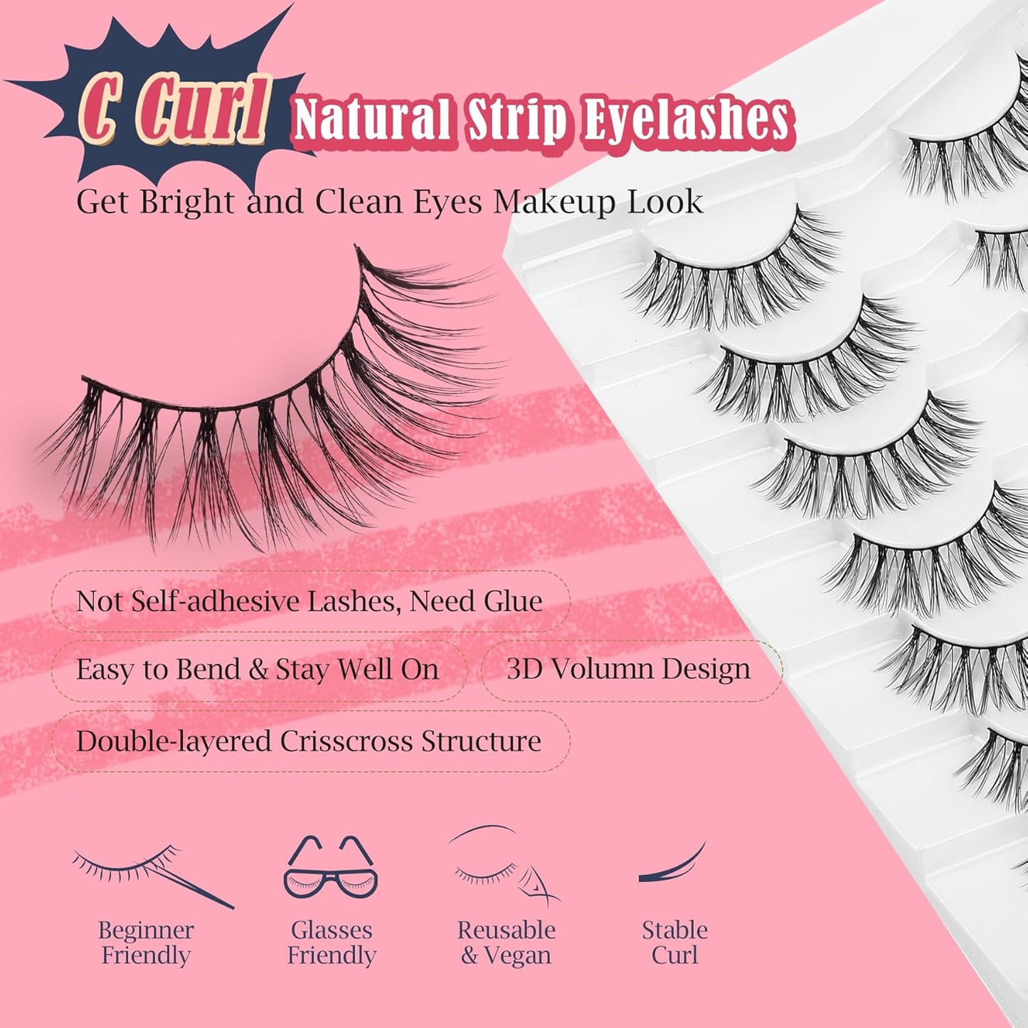 Strip Lashes Natural False Eyelashes Wispy Fake Eyelashes Soft False Lashes C Curl Natural Lash 13mm Siligli Eyelashes 7 Pair Eye Lashes Pack