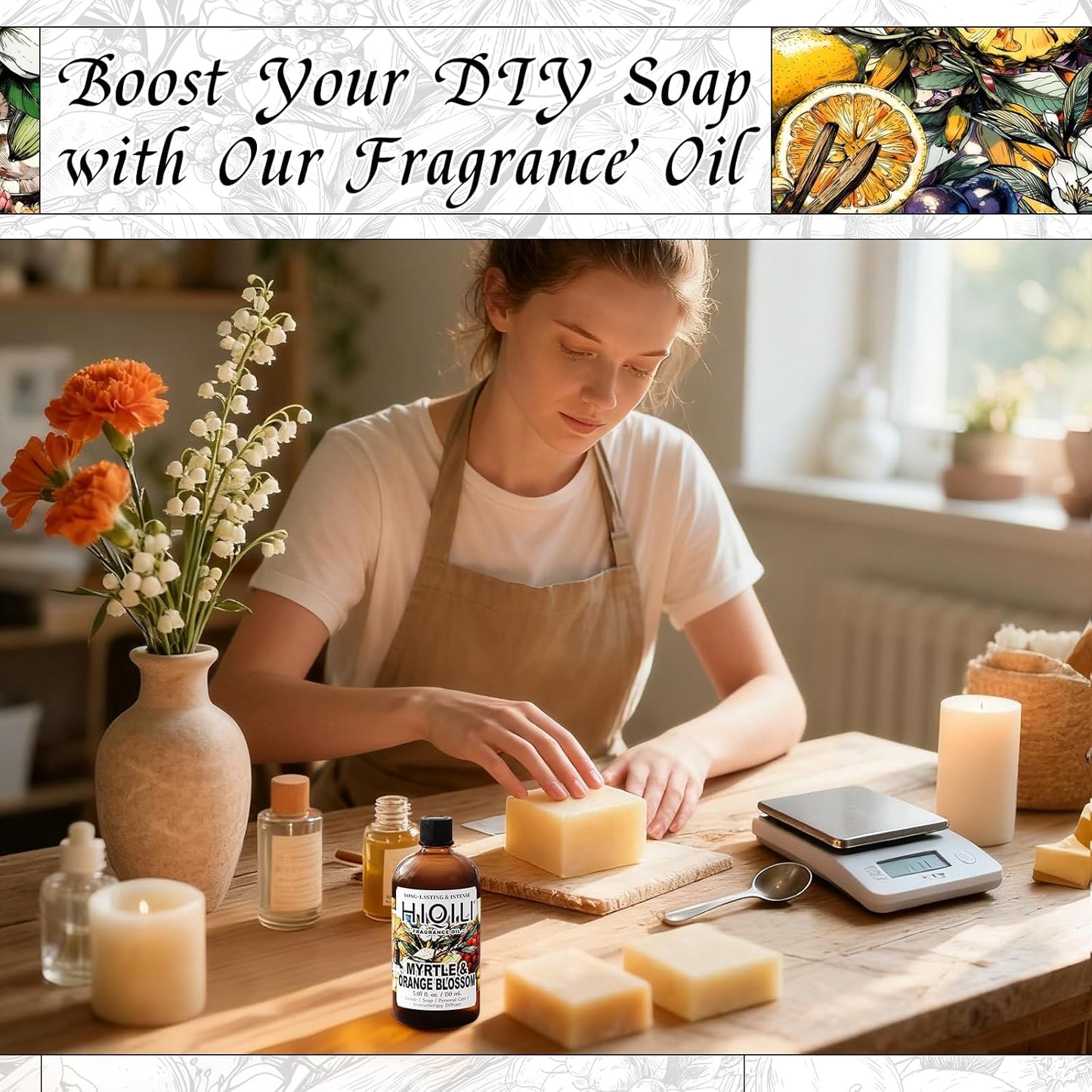 HIQILI Myrtle & Orange Blossom Fragrance Oil for Diffuser, Inspired by D.or Tera-Bella, Candle & Soap Making, Long-Lasting Citrus Floral Scent - 5.07 Fl Oz