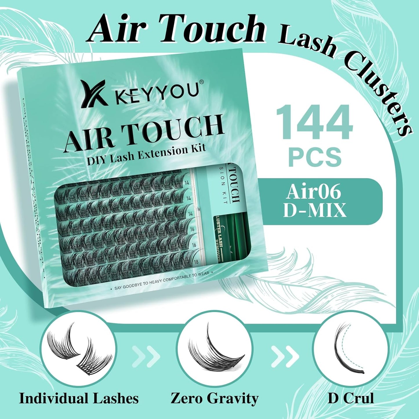 KEYYOU Lash Extension Kit 144pcs Air Touch Lash Clusters with Bond and Seal Lash Applicator Remover D Curl DIY Eyelash Extension Kit Easy to Apply at Home(Air06Kit-D-8-18Mix)