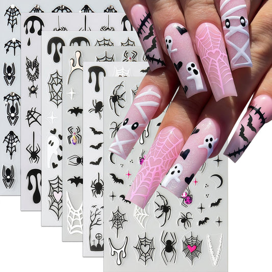 Halloween Nail Stickers for Nail Art 6 Sheets Self-Adhesive Spider Web Ghost Diamond Spider Bat Nail Art Stickers Halloween Spooky Decals Spiders Bat Sticker Holiday DIY Manicure Decoration for Women