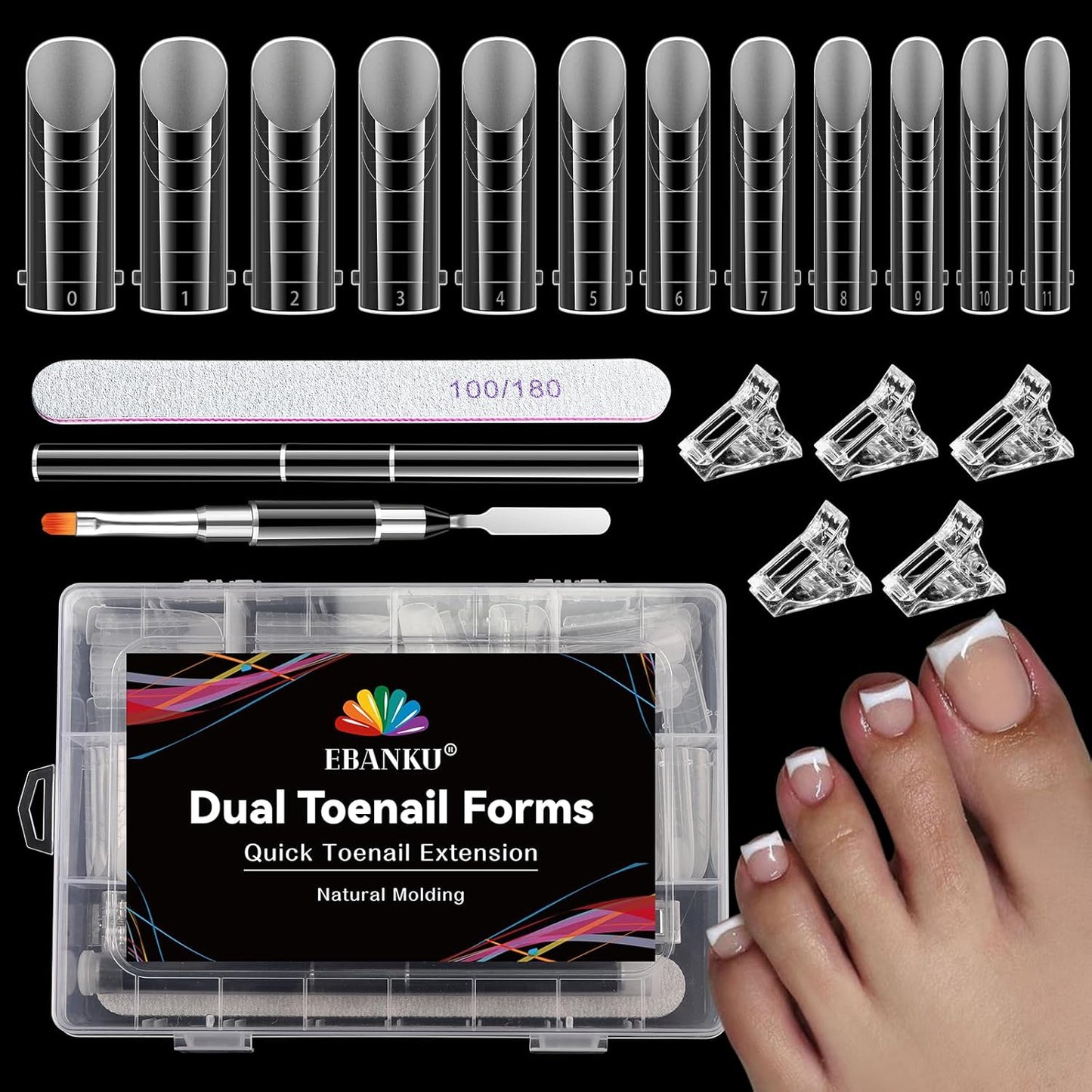Poly Gel Toe Nail Form Set, EBANKU Reusable Toenails Dual Forms for Nail Extensions, Poly Gel Toe Nail Tips with Dual-Ended Brush and Nail File, 5PCS Clips - 12 Sizes 120PCS