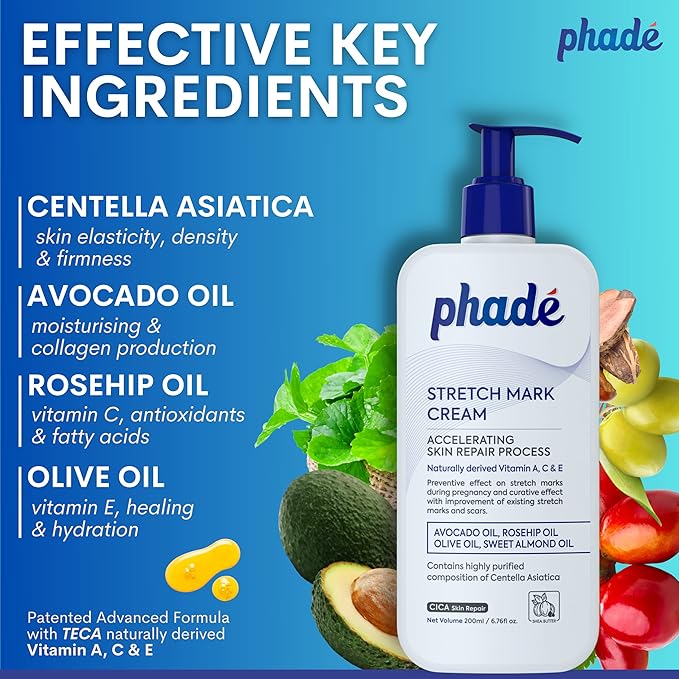 Phade Stretch Mark Cream with CICA - 200ml | Pregnancy, Scars, Uneven Skin Tone, Aging | Dermatologist Tested, Clinically Proven Formula for Stretch Marks, Hydration, and Skin Repair