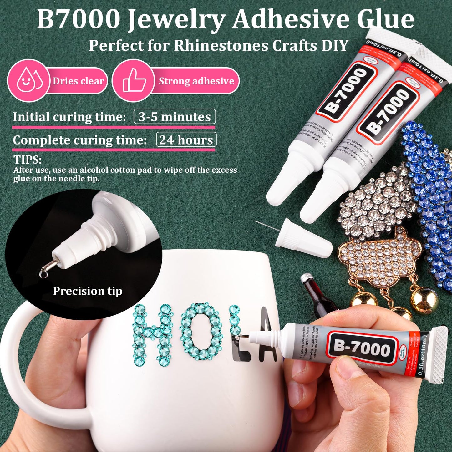 Resin Rhinestones for Crafting with B7000 Jewelry Glue, 1 Box Aquamarine Flatback Crystals with 3Pcs 10ml Glue for Bedazzling Crafts DIY Nail Art Makeup，Non Hotfix Gems for Clothing Shoes
