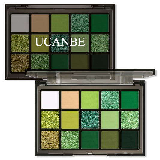 UCANBE Green Eyeshadow Makeup Palette, 15 Colors Bright Dark Green Shimmer Matte Metallic Glitter Eye Shadow, Forest Emerald Lime Pallet Kit for Cosplay Parties Christmas Halloween SFX
