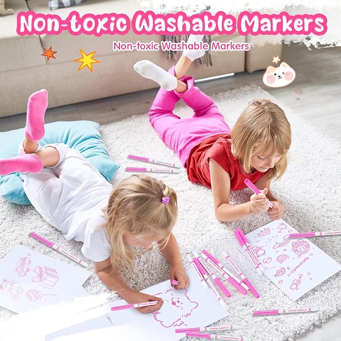 18 Pcs Line Washable Markers Bulk Pink Fine Tip Markers Set Coloring Thin Tip Drawing Washable Pen for Kids Art School Classroom Back to School Gender Reveal Party Supplies, Ages 6+