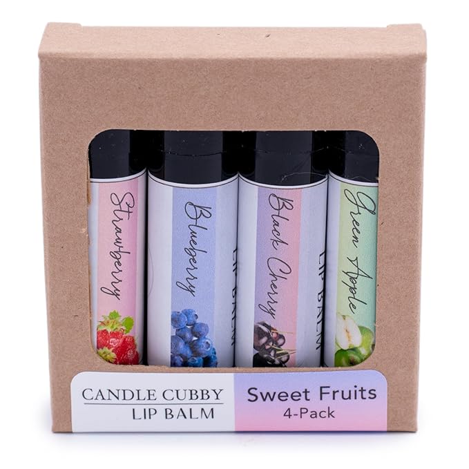Lip Balm Sweet Fruits 4-Pack, Strawberry Blueberry Black Cherry Green Apple, Natural Beeswax, Moisturizing Lip Treatment, 4 Tubes, 0.15 oz., White