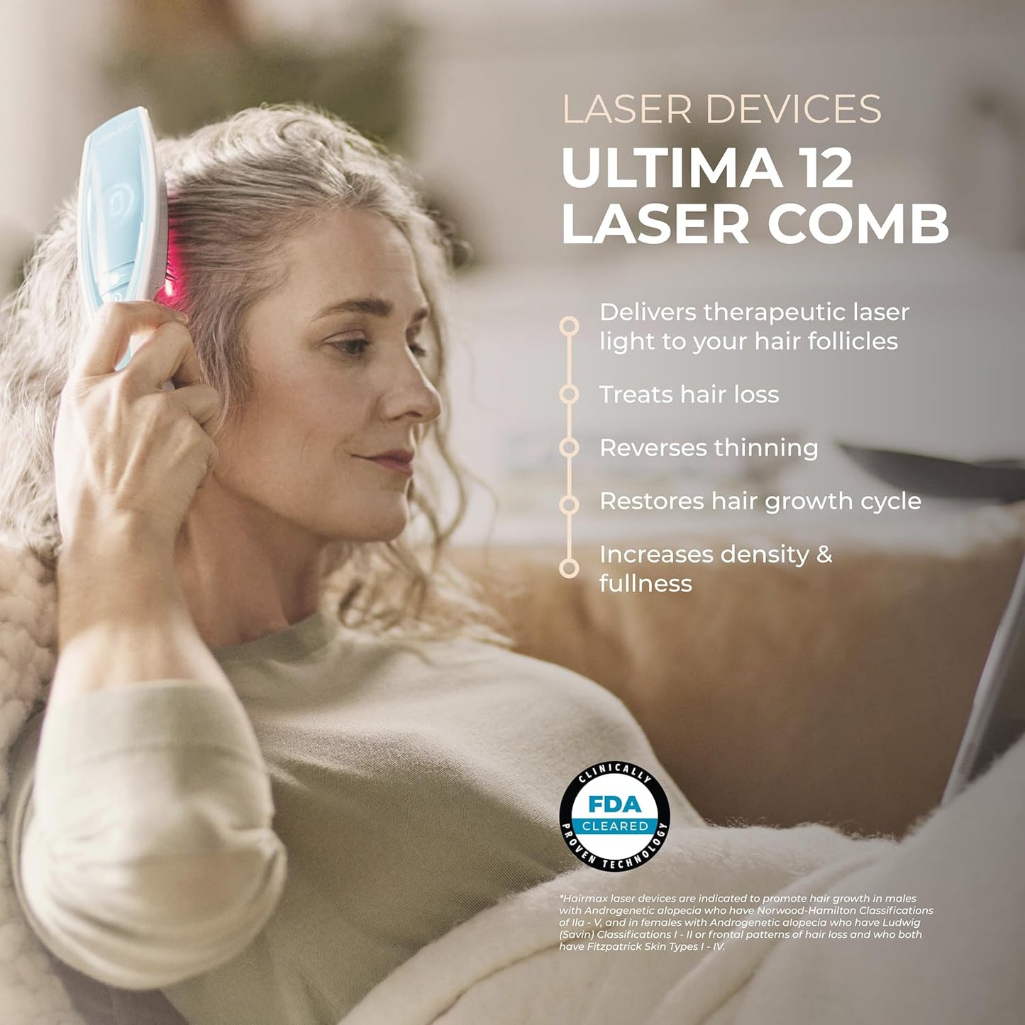 Hairmax Ultima 12 LaserComb - (FDA Cleared) Laser Hair Regrowth Treatment Device for Men & Women - Reverses Thinning Hair Loss - Red Light Therapy to Stimulate Hair Growth - Cordless Design