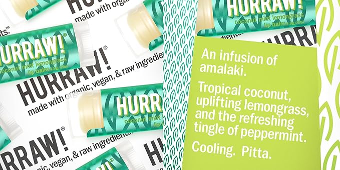 Hurraw! Coconut, Mint, Lemongrass (Pitta) Lip Balm: Organic, Certified Vegan, Cruelty and Gluten Free. Non-GMO, 100% Natural Ingredients. Bee, Shea, Soy and Palm Free. Made in USA