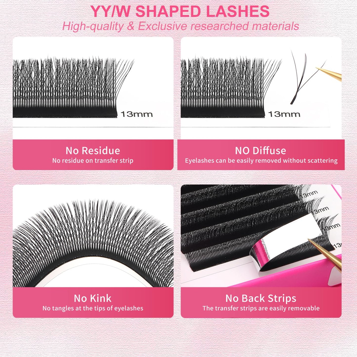 Lash Extensions Three Core Tips 3D Eyelash Extensions W Shape 0.07mm Thickness D Curl 13mm Premade Fans Easy Fan Volume Lashes Matte Black Crisscross(W-3D-Three Core-0.07-D,13mm)