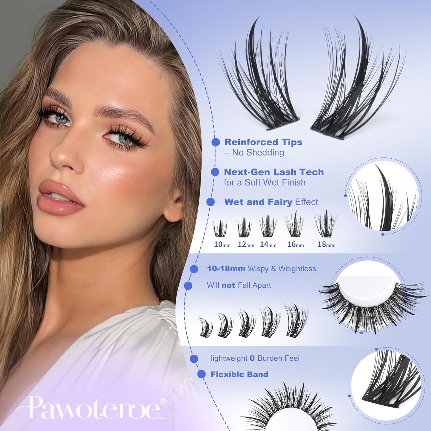 Pawotence Fairy Lash Clusters Kit Eyelash Clusters 10-18mm Wispy Lashes Clusters Eyelash Extension Kit 144pcs Natural Individual Lashes with Lash Bond and Seal, Tweezers, DIY Lash Extension Kit