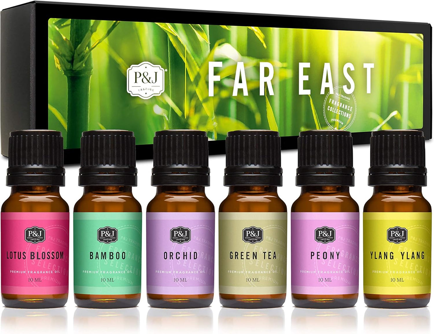 P&J Fragrance Oil Far East Set | Ylang Ylang, Green Tea, Lotus Blossom, Orchid, Bamboo, and Peony Candle Scents for Candle Making, Freshie Scent, Soap Making Supplies, Diffuser Oil Scents